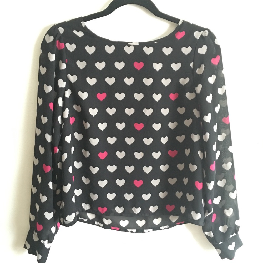 H&M Black Blouse with White and Pink Heart Print